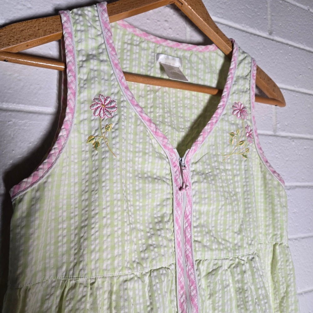 Vtg Seersucker Dress Medium Gingham Zip Front Floral Kidcore Artsy Colorful Chic - Picture 3 of 7
